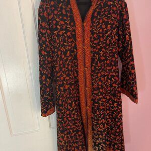 Autumn Indian embroidered coat, Size XL, Oranges, Rust on Black